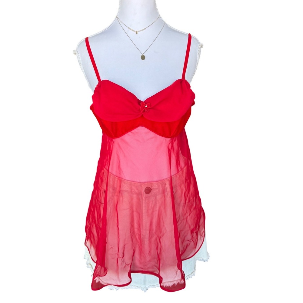 Red Velvet Babydoll Cami Sheer Mesh Coquette Top Y2K Je T'adoreMedium